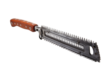 Knife With Wooden Handle. A knife with a wooden handle is placed on a clean white background. The knife blade is sharp and stainless steel, contrasting with the warm tone of the wooden handle.