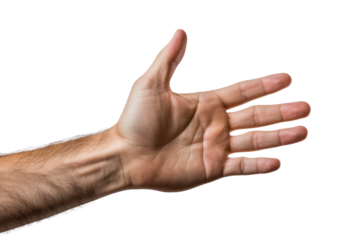 Mans Hand Reaching Out Towards the Sky. A mans hand is seen reaching out towards the sky in a gesture of longing or aspiration. The background is a clear blue sky with no clouds.