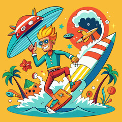 T-shirt sticker of a humorous illustration merging pop culture references with surfing motifs