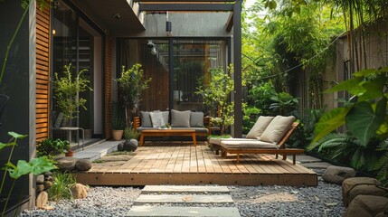 Cozy, minimalist outdoor terrace, simple furnishings, relaxed vibe