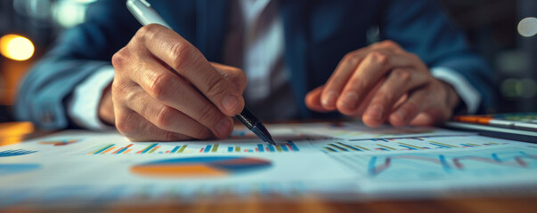 Close up on a business strategists hands analyzing - obrazy, fototapety, plakaty
