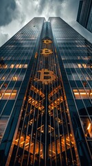Looking up at a skyscraper with Bitcoin and blockchain motifs finance meets tech - obrazy, fototapety, plakaty