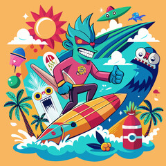 T-shirt sticker of a humorous illustration merging pop culture references with surfing motifs