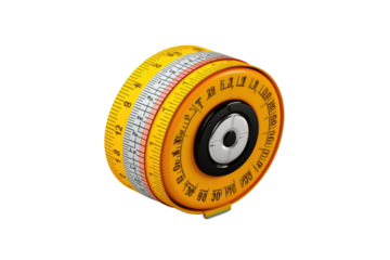 Yellow and Black Measuring Tape. A yellow and black measuring tape is laid out on a clean white background. The measuring tape is marked with both imperial and metric units.