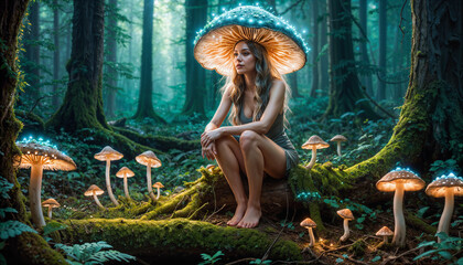 Mystical Woodland Serenity: Bioluminescent Fungi and a Contemplative Woman in a Fairytale Forest.