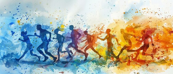 Dynamic abstract sports silhouettes, energetic watercolor action scene