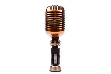 Vintage Microphone. An old-fashioned microphone stands upright against a plain white background. The microphone features a sleek design with a metallic finish. on White or PNG Transparent Background.