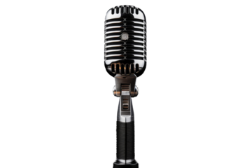 Black and Silver Microphone. A microphone in black and silver colors is showcased against a clean white background. The microphone appears sleek and professional ready for use in recording.