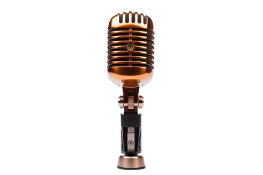 Vintage Microphone. An old-fashioned microphone stands upright against a plain white background. The microphone features a sleek design with a metallic finish. on White or PNG Transparent Background.
