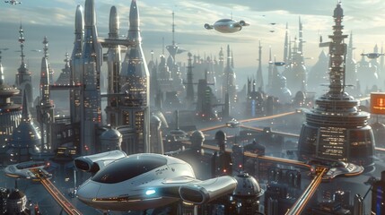 Futuristic cityscape with flying cars, sci-fi, text space