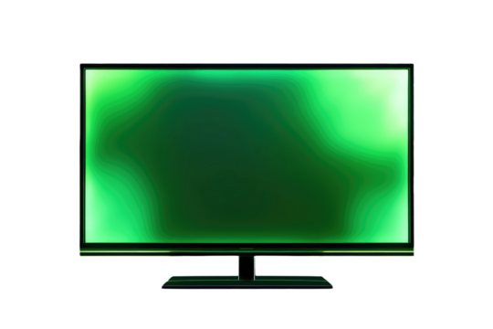 Flat Screen TV on Stand. A flat screen TV is placed on top of a stand in a room with neutral deco. The TV is turned off, resting securely on the sturdy stand. on White or PNG Transparent Background.