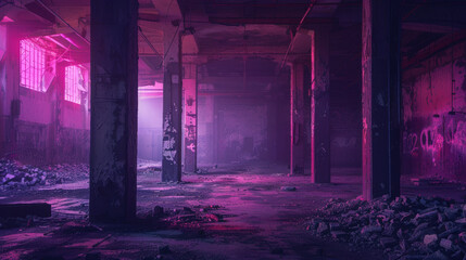 Fototapeta na wymiar Abandoned industrial interior with vibrant pink and purple lighting, highlighting the derelict condition and graffiti on the walls, casting long shadows across the debris-strewn floor.
