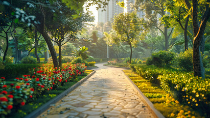 City Oasis: Urban Landscape, Skyscrapers, and Green Park Offering a Relaxing Escape in the Heart of the City