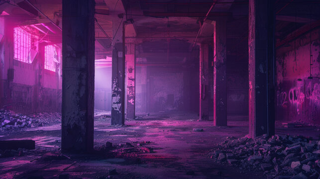 Abandoned industrial interior with vibrant pink and purple lighting, highlighting the derelict condition and graffiti on the walls, casting long shadows across the debris-strewn floor.