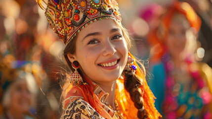 A young woman with a beaming smile is dressed in vibrant traditional attire, adorned with intricate embroidery and jewelry, capturing the essence of cultural celebration.