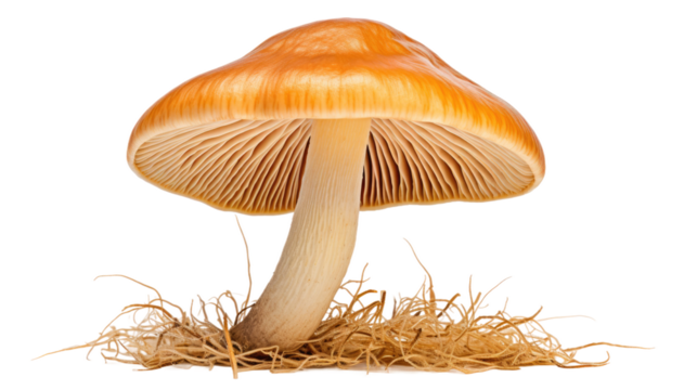 Close Up of a Mushroom. A close-up view of a single mushroom placed on a clean white surface. The mushrooms intricate gills, textured cap, and slender stem can be seen clearly in the shot.