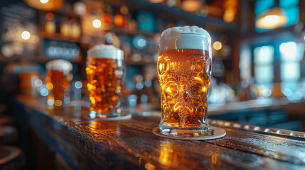 Glasses of beer on the bar counter in a pub or restaurant - obrazy, fototapety, plakaty