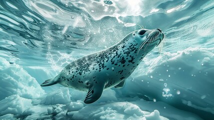 Leopard seal hunting beneath the ice, dynamic chase, bubbles rising