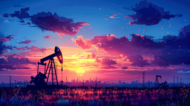 Oil pump in the field at sunset. Oil industry