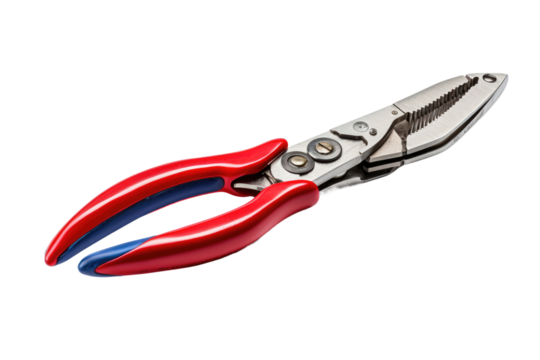 Red and Blue Scissors. A pair of scissors one red and one blue laid flat on a clean white surface. The contrasting colors of the scissors create a visually striking image against the plain background.