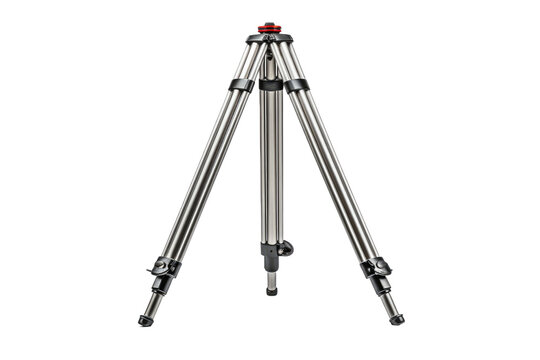 Tripod With Camera. A tripod stands on the ground with a camera mounted on top. The camera is ready to capture images or record videos. on White or PNG Transparent Background.