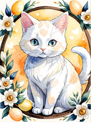 Watercolor Easter anime cat illustration. Easter decorated eggs and flowers. Greeting cards, poster, print