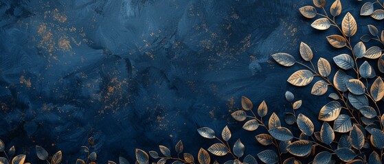 Midnight blue canvas with gold and gray plant outlines, mysterious allure