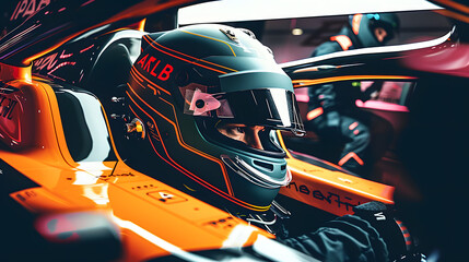 a F1 driver inside his car with the helmet and the competition suit prepared for the race - obrazy, fototapety, plakaty
