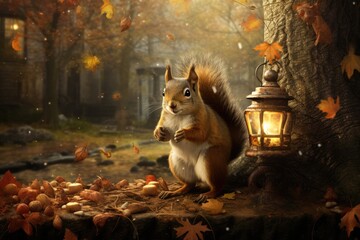 A squirrel gathering acorns for winter, a Cute squirrel eating a nut, during the bustling activity of nature preparing for winter,  Ai generated - obrazy, fototapety, plakaty