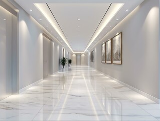 Minimalist corridor with striking modern art, clean aesthetic