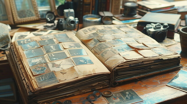 An open vintage photo album rests on a wooden table surrounded by old cameras and various trinkets, inviting a nostalgic journey through memories captured in sepia tones and faded hues.