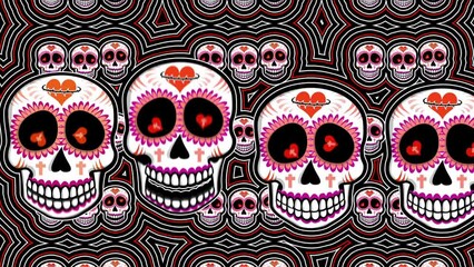 Seamless psychedelic background with Mexican sugar skulls with wave effect. Halloween vector style animation with catrina illustration 