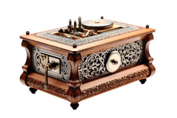 Wooden Record Player. A wooden record player with a vinyl record spinning on top of it. The needle is positioned on the record, ready to play music. on White or PNG Transparent Background.