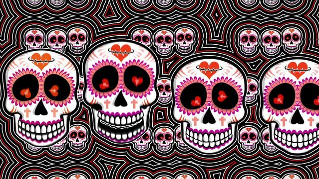 Seamless psychedelic background with Mexican sugar skulls with wave effect. Halloween vector style animation with catrina illustration 