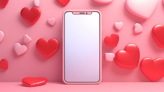 3D rendering mobile phone mockup with hearts for birthday greeting card