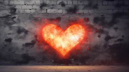 3d rendering of red light heart shape in fire again. A symbol of heartbreak due to infidelity. - obrazy, fototapety, plakaty