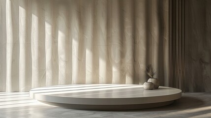 Minimalist podium silhouette, shadow play on a textured backdrop, for subtle product emphasis
