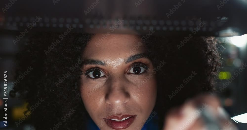 Poster closeup, face and technician for cable, cybersecurity and information technology for server glitch. 