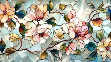 Stained glass window background with colorful Flower and Leaf abstract.