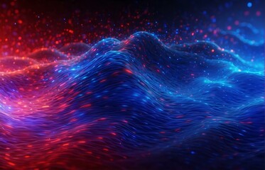 Blue red waves of bright particles. Sound and music visualization