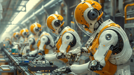 Fototapeta premium An array of sophisticated robots working seamlessly on an assembly line within a modern, smart factory environment.