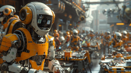An array of sophisticated robots working seamlessly on an assembly line within a modern, smart factory environment.