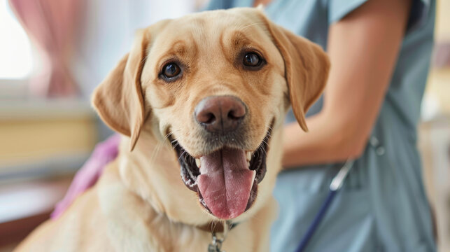 Close-up of a friendly Labrador retriever with a happy expression, tongue out, sitting indoors with a person standing partially visible in the background.