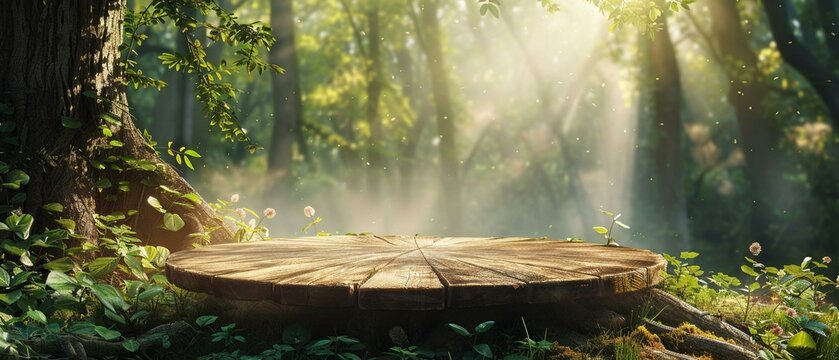 Natural wood podium, lush forest scene, morning sunlight filtering through