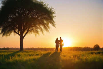 Couples promising happiness in front of the sunset 