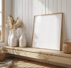 Stylish Mock-up Frame in a Serene Coastal Bedroom Setting. Presented in 3D Render. Made with Generative AI Technology