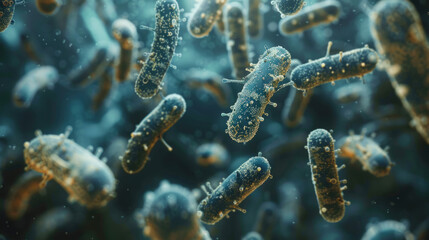 Fototapeta premium Close-up 3D illustration of bacteria floating in a liquid environment, showcasing intricate details on the bacterial surface.
