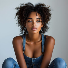 Beautiful African American Woman in Overalls Sitting Relaxed