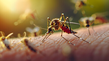Mosquitoes on the skin. Mosquitoes attack in tropical forests. Insect repellent. Prevention of malaria and dengue fever.