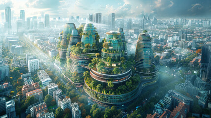 Futuristic cityscape with innovative green architecture merging urban environments with lush gardens and renewable energy designs, showcasing a modern vision of eco-friendly urban planning. - obrazy, fototapety, plakaty